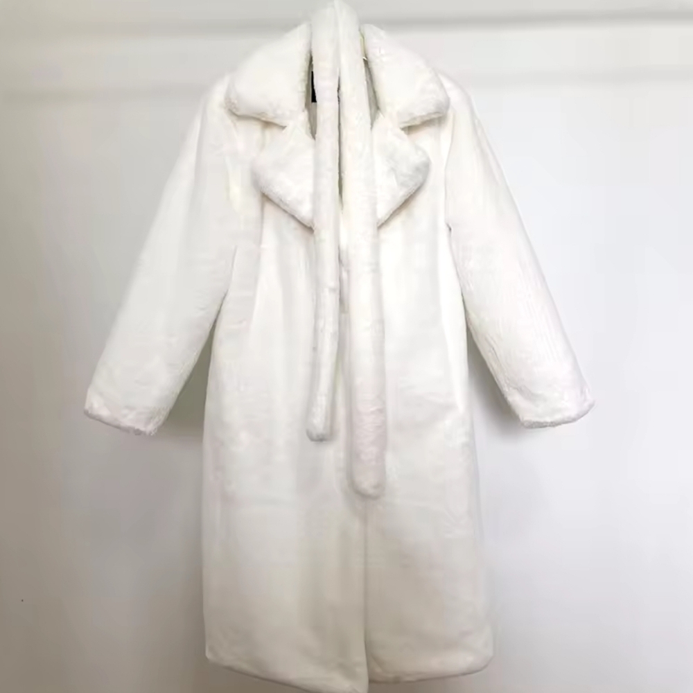 Luxury Winter Long Overcoats Women Oversized Lapel Belted Faux Rabbit Fur Coat - Picture 7 of 16